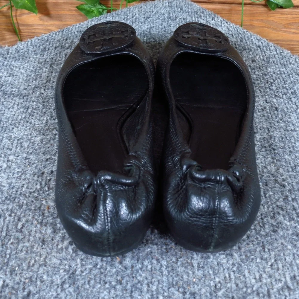 Tory Burch Tumbled Reva Travel Women Ballet Flat Size 6.5 Commuter Black Leather